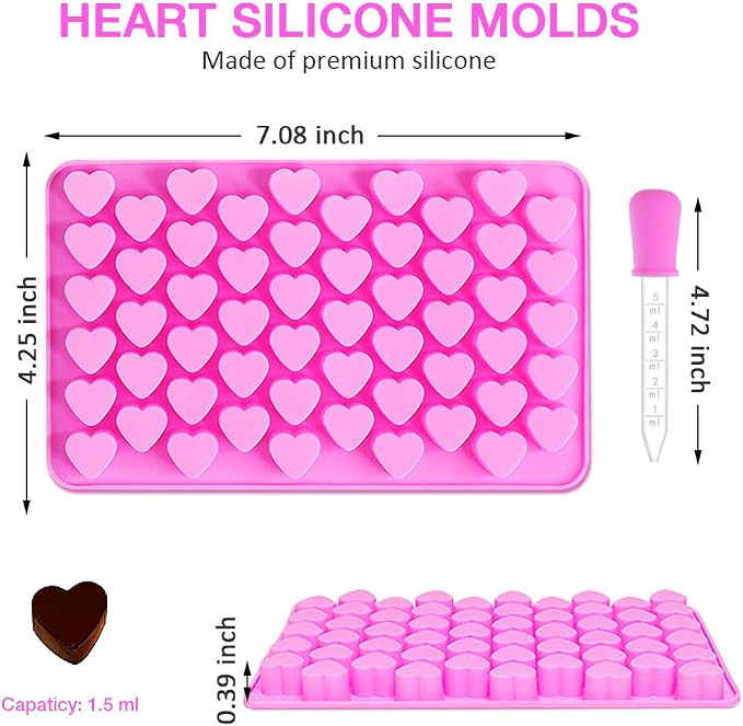 Silicone Heart Gummy Molds Set of 4, Heart Molds with 2 Droppers for Convenient Filling, Candy Molds for Gummie, Candy, Chocolate