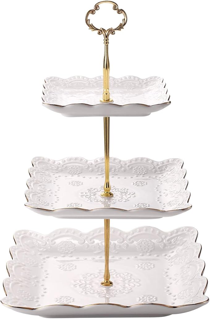 Sumerflos 3-Tier Square Porcelain Cake Stand, White Rimmed with Gold Embossed Cupcake Dessert Stand - Tiered Serving Tray for Tea Party and Show