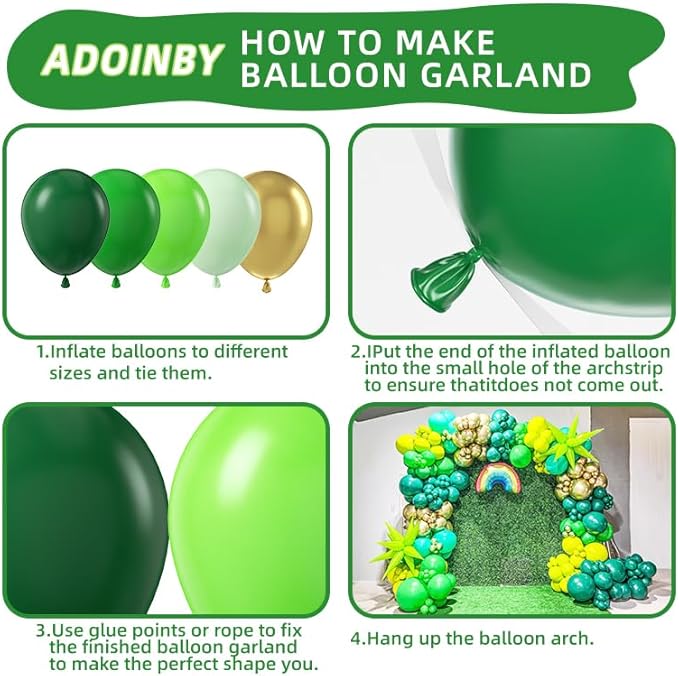 Green Balloon Arch Kit, ADOINBY 140Pcs Emerald Dark Lime Pastel Green and Gold Balloons 18 12 10 5 Inch Different Size Balloons for Birthday Wedding Safari Jungle Baby Shower Boys Party Decorations