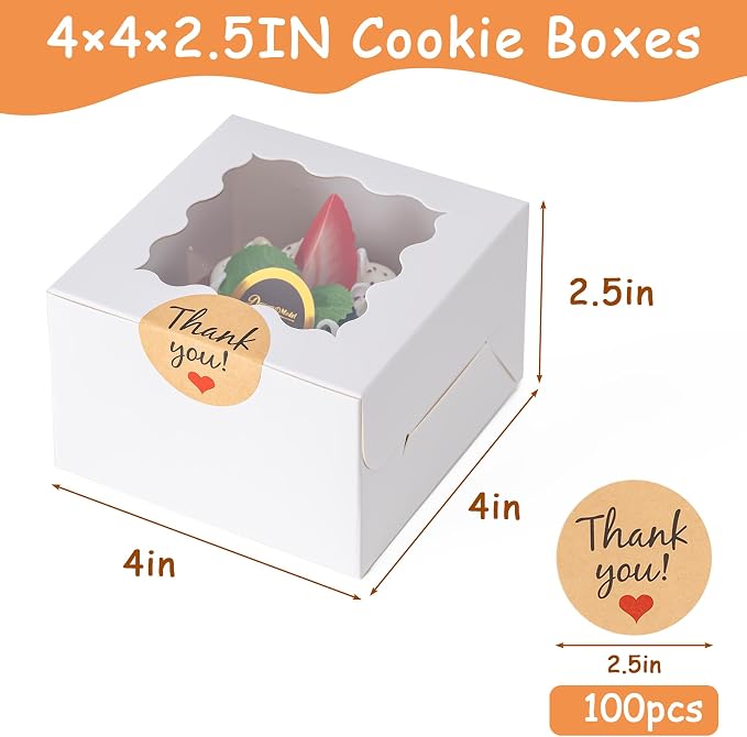 100pcs Cookie Boxes with Window, 4x4x2.5 Inches Bakery Boxes with 100pcs Stickers for Cookies, Bakery, Desserts, Candy, Chocolate Covered Strawberries, Mini Cake (White)