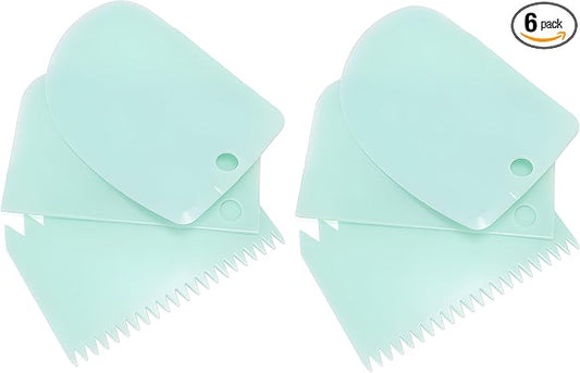Cake Decorating Scraper Set, 6 Piece Plastic Icing Smoother Tools, Serrated and Flat Edge Dough Scrapers for Baking, Pastry, Bread, Pizza, 2.95-4.81 Inch (green)