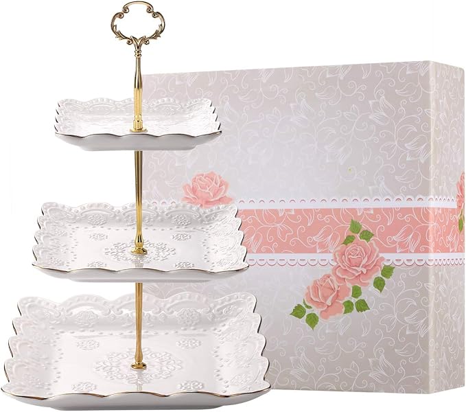 Sumerflos 3-Tier Square Porcelain Cake Stand, White Rimmed with Gold Embossed Cupcake Dessert Stand - Tiered Serving Tray for Tea Party and Show