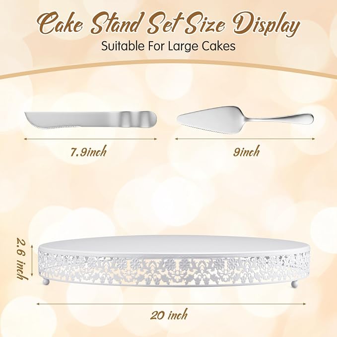 Wenqik 20 Inch White Cake Stand Set Metal Round Cupcake Dessert Stand with Cake Cutting, Flower Spatula Wedding Cupcake Pastry Display Candy Holder Display for Wedding Party Birthday Baby Shower