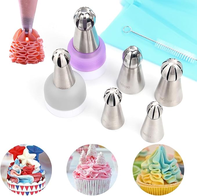 10 Pieces Stainless Steel Russian Twist Flower Icing Tips Set, 3 Big Ball Piping Tips,3 Small Ball Piping Tips,1 Pastry Bags,1 Cleaning Brush,2 Plastic Couplers,Cake Decorating Piping Tips Set
