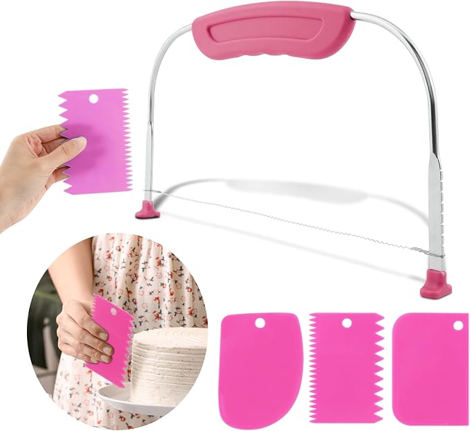 Adjustable Cake Leveler Cutter With 3PCS Cake Scrapers Set,Baking Supplies Tool for Kitchen,Large Size Cake-Cutter Slicer for Leveling,Single Stainless Steel Wire & Plastic Handle(COLOR:Rose Red)