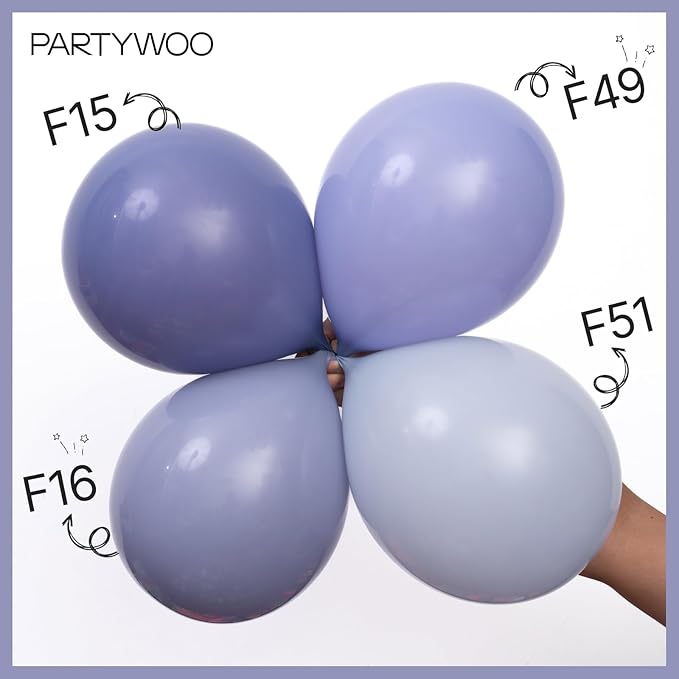 PartyWoo Dusty Blue Balloons 100pcs 12 Inch Boho Dusty Purple Muted Lavender Latex Balloons for Boy Baby Shower Anniversary Bachelorette Graduation Engagement Birthday Party Decorations Blue-F16