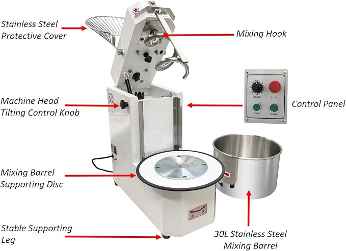 30QT Commercial Dough Mixing Machine Spiral Stand Mixer, Electric Flour Kneading Machine Bread Making with Detachable Stainless Steel Bucket, Dual Action, for Bakeries, Pizza Shops