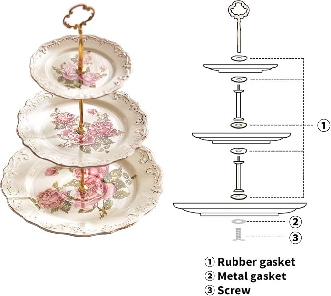 YOLIFE Pink Rose Pattern 3 Tiered CupCake Stand, Emboss Golden Leaves Edge Porcelain 3 Tier Pastry Desert Fruit Stand