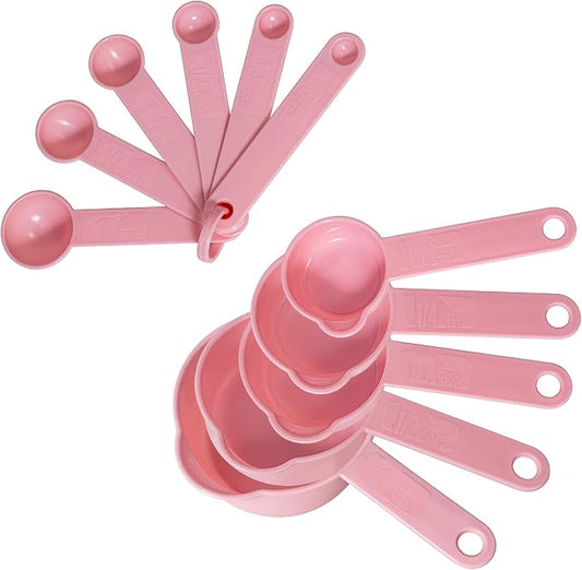 Set of Plastic Measuring Cups and Spoons, 11 Piece Nesting Measure Spoon Set with Metric and US Measurements, Fits for Measuring Dry and Liquid Dishwasher Safe