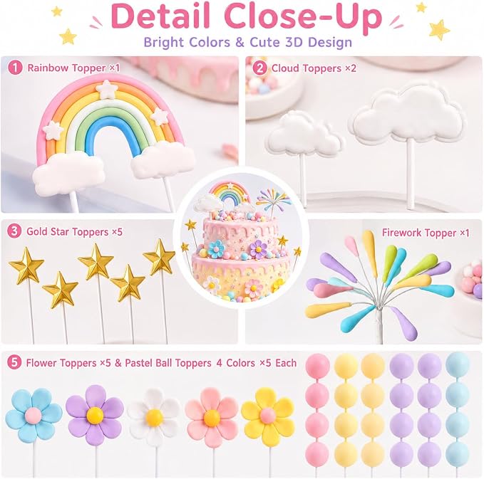 34Pcs Rainbow Cake Topper, Pastel Rainbow Cake Decorations with Daisy Flower Heads, Cloud, Gold Star, Firework & Ball Toppers for Birthday Cake Cupcake Party Decor
