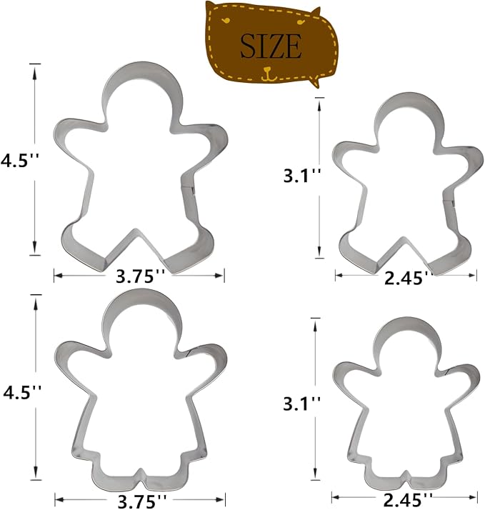 4Pcs Gingerbread Man Cookie Cutters, Size 4.5" 3.1" Ginger Boy and Girl Shaped Holiday Cookie Cutter Set, Stainless Steel Christmas Molds