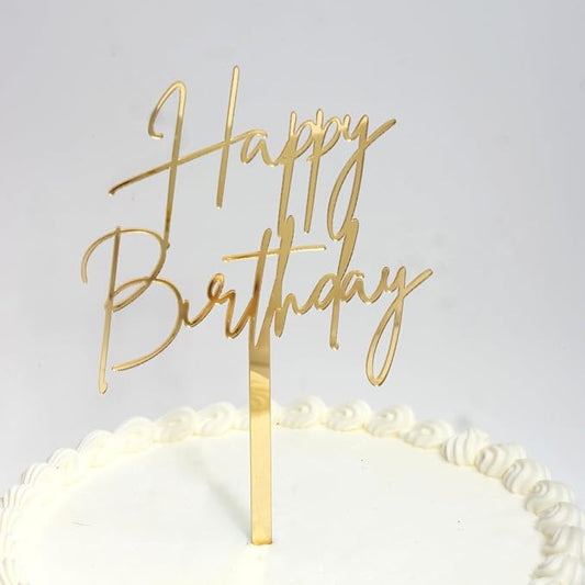 1PCS Gold Happy Birthday Cake Topper, 4.3 x 7.4 Inches Mirrored Gold Acrylic Versatile Cake Decorations, Mirror Acrylic Cake Topper for Birthdays, Anniversaries, Birthday Party Decoration Ideas