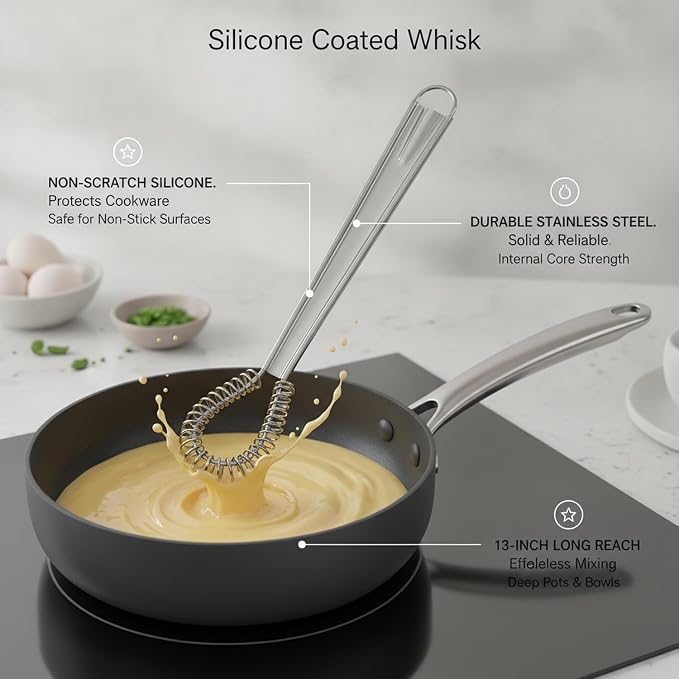 Silicone Coated Whisk, 13 Inch Stainless Steel Mixing Tool for Non-Stick Cookware, Eggs and Sauces (1 PC)