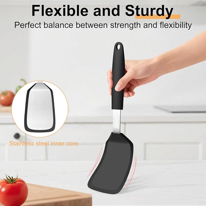 Beijiyi Silicone Spatula Turner, 600°F Heat Resistant, 13 x 3.2 in (Black) | BPA Free, Non-Toxic, Flexible Turner, Non Scratch for Non Stick Frying Pan, Flipping, Cooking, Dishwasher Safe