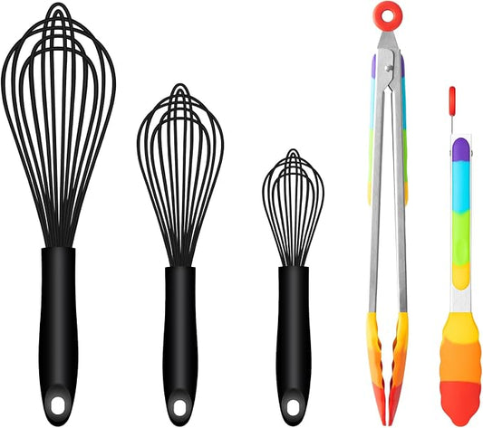 OYV Silicone Kitchen Bundle, Black Silicone Whisk Set of 3 and Rainbow Tongs Set of 2, Dishwasher Safe Tools for Cooking, Baking, Grilling, Salad and Nonstick Cookware