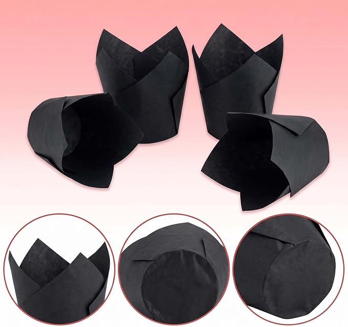 200 Pcs Black Tulip Cupcake Liners for Baking, Standard Size | Standard Greaseproof Tulip Muffin Liners for Baking, 3oz Black Paper Cupcake Wrappers for Party Wedding Birthday