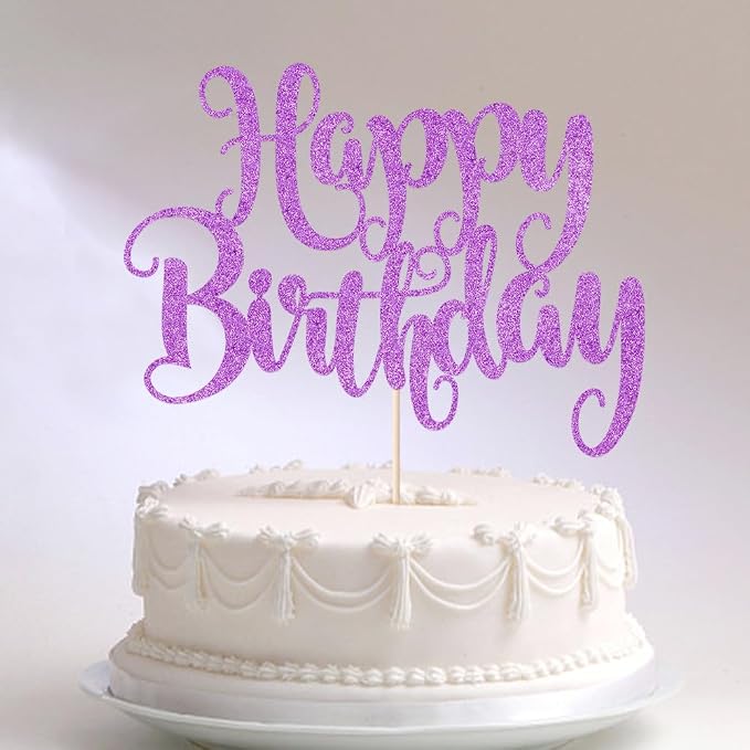 Happy Birthday Cake Topper- Glitter Happy Birthday Cake Decor, Handmade Anniversary/Birthday Party Supplies (Purple)