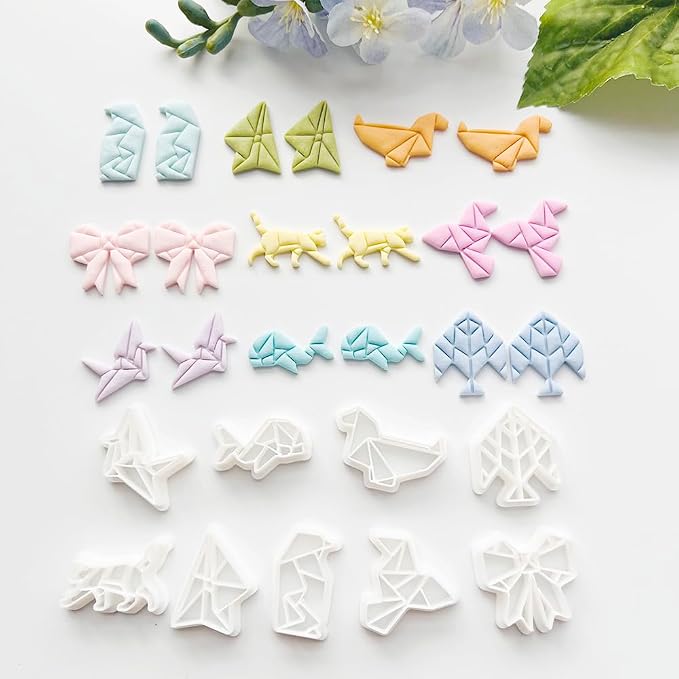 Xaekicr 9 Pcs Origami Shape Polymer Clay Cutters - Geometric Animal & Bow Cookie Cutter Set for Jewelry Making, Earring Molds, Fondant Cake Decorating & DIY Crafts