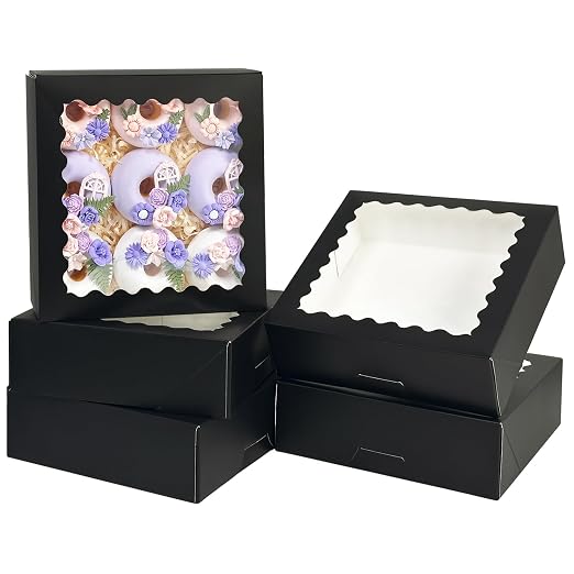 Bakepacker 36pcs Black Pie Boxes 9x9x2.5 inches Easy Assemble Macaroon Cookie Boxes Bakery Boxes with Window for Bakery (Auto-pop Up)