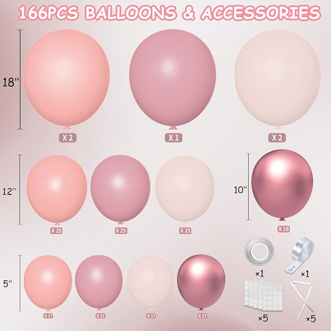 MEBAY Dusty Pink Balloon Arch Kit, 166Pcs Pastel Nude Light Pink Metallic Balloons Garland for Wedding Bridal Baby Shower Princess Girl Women Birthday Party Decorations