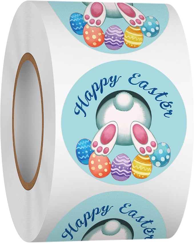 Louise Maelys 500 Pcs Easter Stickers Roll, 1.5 Inch Cute Egg Bunny Rabbit Holiday Lable, Happy Easter Adhesive Decoration Round Labels for Baking Card Gift Wrapping Envelope Craft Making