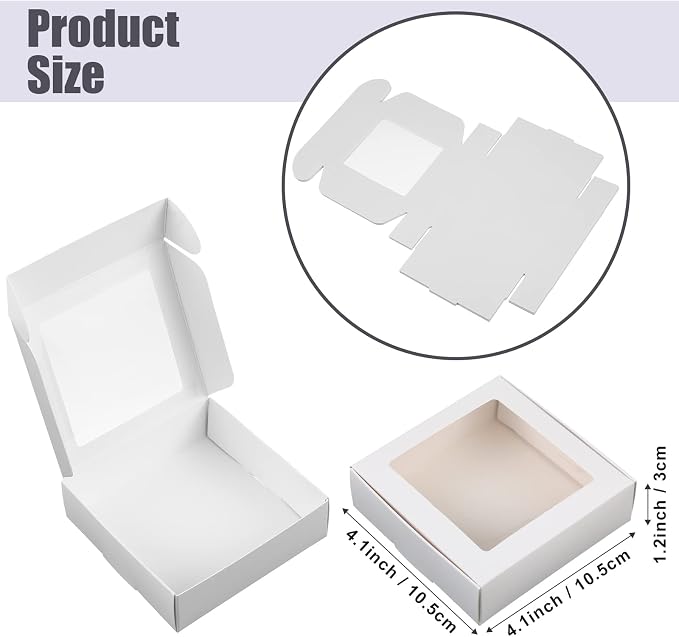 Zonon 30 Pcs Kraft Paper Boxes with Window 4.13 x 4.13 x 1.18 Inch Candy Packaging, Small Gift Boxes, Soap holder, Mini Treat Packaging for Bakery Chocolate Jewelry Display (White)