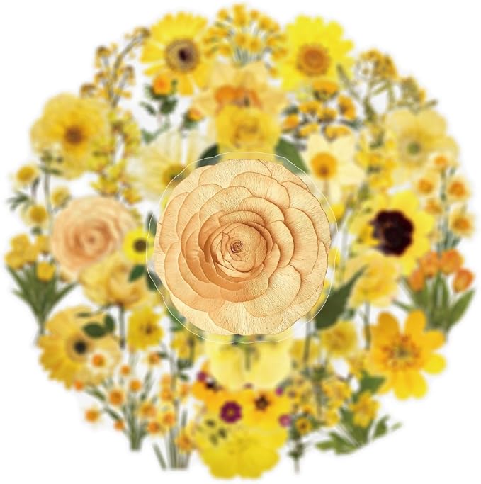 Yellow Chrysanthemum Stickers - 50PCS Vintage Dried Floral Stickers Waterproof PET Aesthetic Decals for Journaling, Scrapbooking, Water Bottles, Laptops, Perfect for Plant Lovers & Craft Enthusiasts