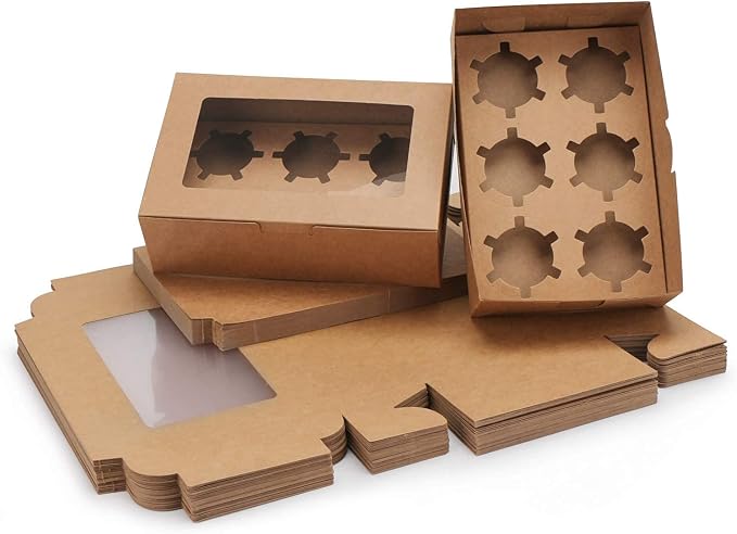 EUSOAR Cupcake Boxes, 50pcs 9.4" x 6.2" x 3.0" Muffin Containers 6 Count with Insert and Display Window, Kraft Muffin Cupcake Box Carrier Packaging Cupcake Boxes Fits 6 Cupcakes or Muffins
