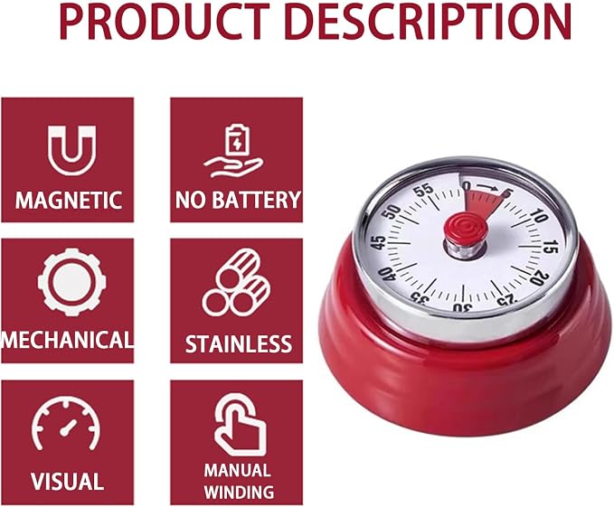 Mechanical Kitchen Timer, Eco-Friendly No Batteries Needed Magnetic 60-Minute Visual Countdown Alarm Clock for Cooking, Study, Games, Office (Red)