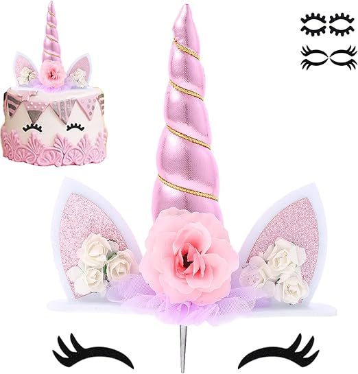 Unicorn Cake Topper Birthday Party Supplies Cute Handmade Cake Decoration Pink Unicorns Horn Cake Topper Decorations for Girls First Birthday Cake Accessories with Eyelashes, 5.8 Inch