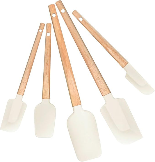 Silicone Spatula Set 5-Piece, Food Grade Heat Resistant 600°F, Wooden Handle Kitchen Utensils for Non-Stick Cookware, BPA Free Baking & Cooking Scraper Set (White)