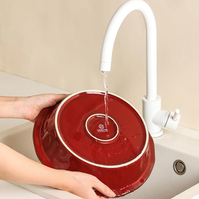 vicrays Ceramic Pie Pan for Baking - 9 inch Pie Plate, Round, Fluted and Deep Pie Dish for Tart, Pizza, Apple Pie, Quiche, Pot Pies, Cake - Reactive Glaze (Cherry Red)
