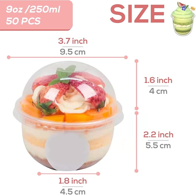 Jnnzzggu 50 Pack 9 oz Clear Plastic Dessert Cups with Dome Lids,No Hole Disposable Snack Bowls for Pudding,Parfait,Fruits,Ice Cream,Cake