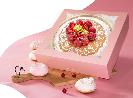 qiqee Auto-pop Up Pink Pie Boxes with Window 24Packs 12x12x3 Inch Cookie Donut Bakery Box