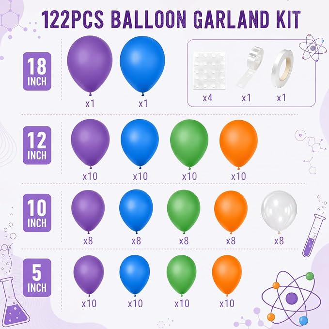 Science Balloon Arch Kit, 122Pcs Purple Dark Blue Green Orange Transparent Colorful Balloons for Boys Science Birthday Party Lab Scientist Lab Classroom Decorations