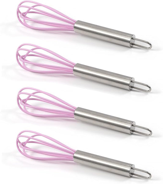 Mini Whisks 6 inch 4Pcs silica gel stainless steel Whisk, Hand Egg Mixer for Flour Cake Egg, Kitchen Cooking Baking Use Whisk (purple)
