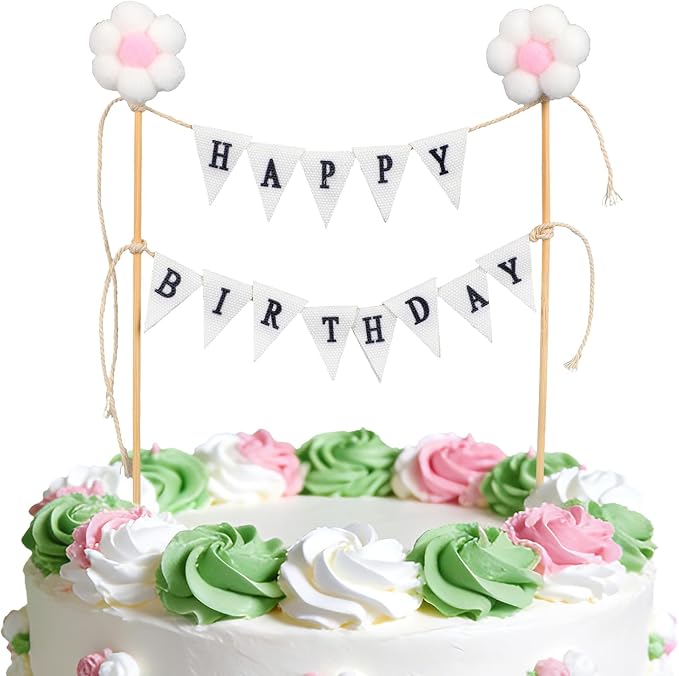 Happy Birthday Flag Banner Cake Topper, Handmade Ivory Cotton Pennant & Flower Flags with Wooden Poles Party Decorations for Cakes & Cupcakes
