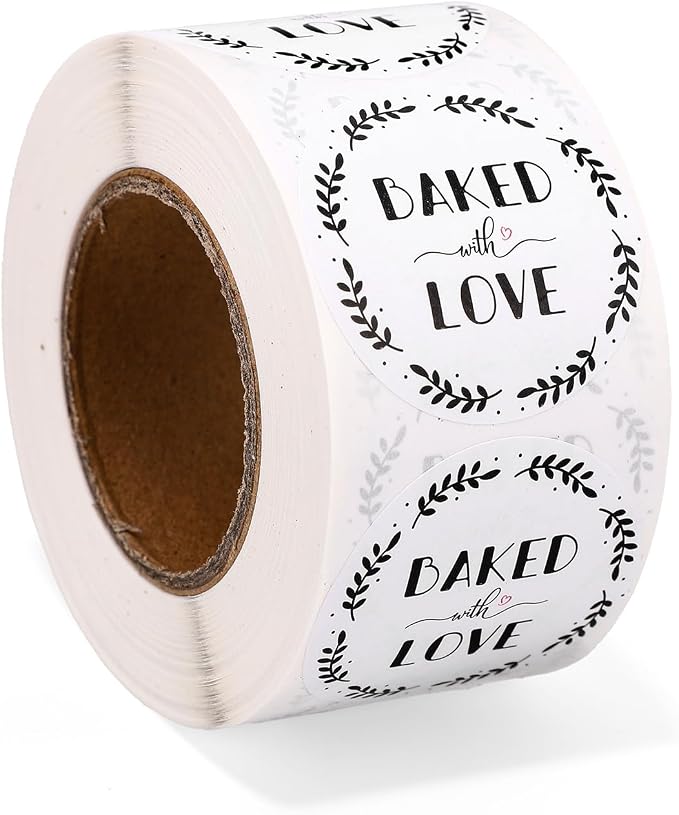 500pcs Baked with Love Stickers, 38mm/1.5 Inch Round White Red Heart Bakery Labels Sealing Packaging Stickers for Homemade Baked Goods Canning Jars Cookie Bags