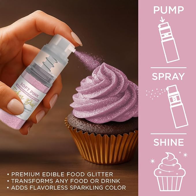 Bakell - Soft Pink Tinker Dust (4g, 1x Mini Spray Pump) Edible Glitter for Food, Desserts, and Baked goods!