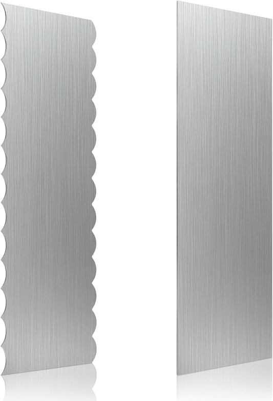2 Pack Stainless Steel Cake Scraper, 8.6-inch Double Sided Patterned Edge Stripe Edge Smoother Scraper Cake Decorating Tools, Metal Cake Carving Smoothing Cream Pastry Baking