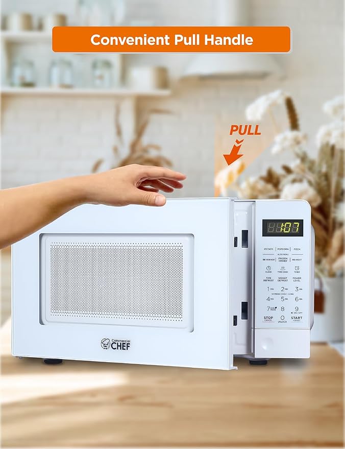 COMMERCIAL CHEF 0.7 Cubic Foot Microwave with 10 Power Levels, Small Microwave with Pull Handle, 700W Countertop up to 99 Minute Timer and Digital Display, White