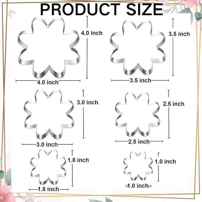 Daisy Cookie Cutter Set-6 Piece-4" 3.5" 3.0" 2.5" 1.8" 1"-Dishwasher Safe-Blossom Flower Fondant Cookie Cutters for Baking