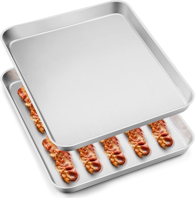 Leonyo 16x12IN Stainless Steel Baking Sheets Set, 2 Pack Stainless Steel Jelly Roll Pan Sheet Pan for Baking Cookie, Commercial Grade Metal Toaster Oven Tray for Oven, Dishwasher Safe