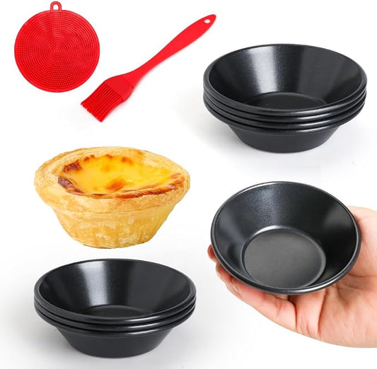 8 Pack Egg Tart Molds, Non-Stick Tartlets Dessert Mold Pans, Mini Tiny Pie Carbon Steel Muffin Tins, Cupcake Pans w/Oil & Dish Brushes for Cakes, Cookies, Quiche
