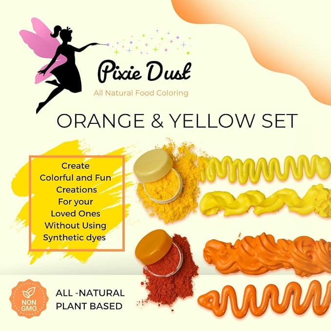 Dye Free Orange and Yellow Food Coloring Powders Set | Perfect for cake decorating, cookie frosting, icing & drinks | Plant-Based, All Natural, Kosher, Flavorless | No Carmine, No Annatto | By Pixie Dust | 2 Jars (0.40 oz / 11g Each) 22gr Total.