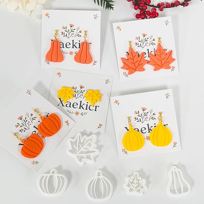 Xaekicr Fall Leaf Pumpkin Polymer Clay Cutters Set – 5 PCS Autumn Clay Earring Cutters for Jewelry Making – Polymer Clay Molds & Clay Tools for Fall DIY Crafts