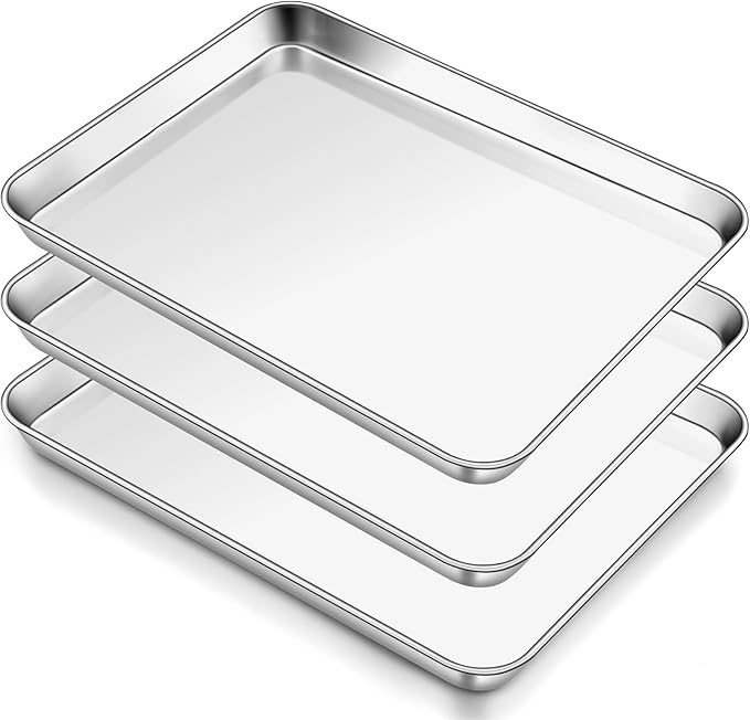 Homikit 3 Pack Baking Sheet, 9 x 13 Inches Stainless Steel Quarter Sheet Pan Set for Baking Cooking Toasting, Metal Cookie Tray Fits Toaster Oven, Non Stick & Rust Free, Dishwasher Safe