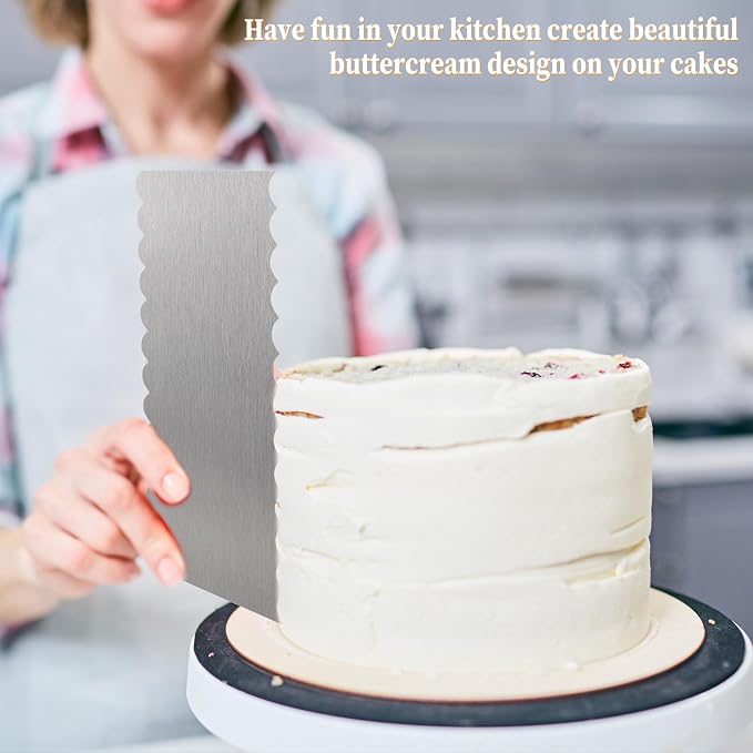 JJUNW 3 Pcs Stainless Steel Cake Scraper, 8.7 inch Double Sided Patterned Edge Stripe Edge Smoother Scraper, Metal Cake Scraper Cake Decorating Comb for Butter Mousse Cream Decoration