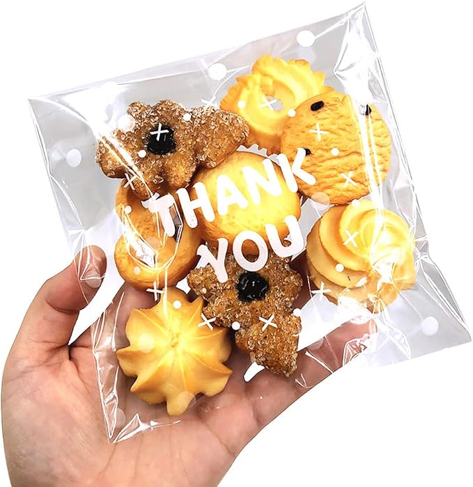 200pcs Clear Self-Adhesive Treat Bags – Cellophane Cookie & Candy Bags with “THANK YOU” Design for Bakery & Party Favors (5.5” x 5.5”)