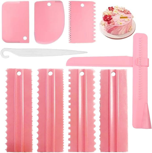 Cake Scraper Set of 9 Packs, Cake Scraper Smoother Set, Adjustable Icing Scraper Polisher Tool, Cake Decorating Comb, Icing Smoother Plastic Sawtooth Cake Icing Kitchen Baking Cake Edge (Pink)